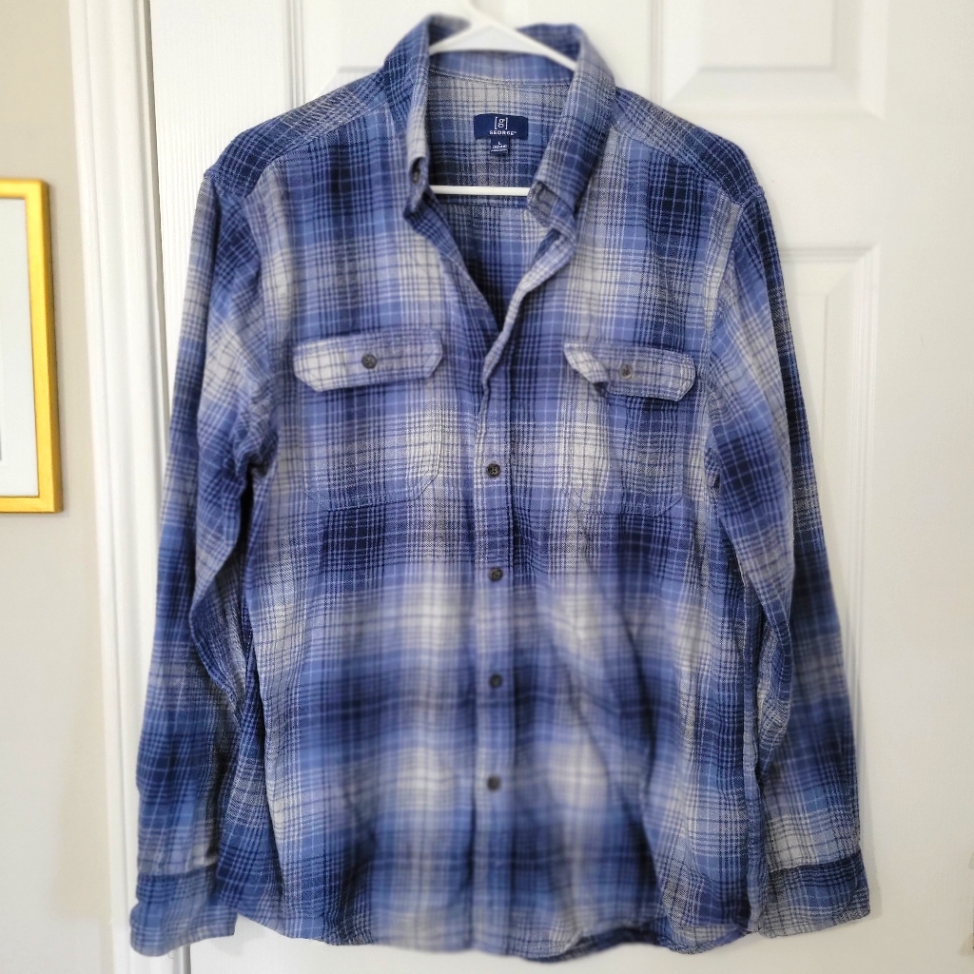 George Soft Flannel Button Down Shirt Blue & Gray L 42-44 Euc